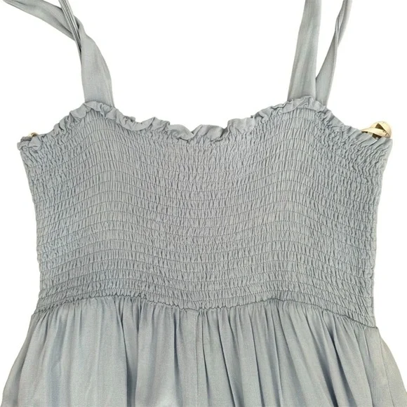 Lulus Smocked Midi Dress size Medium Light Blue Tie Shoulder Lined - Picture 5 of 9